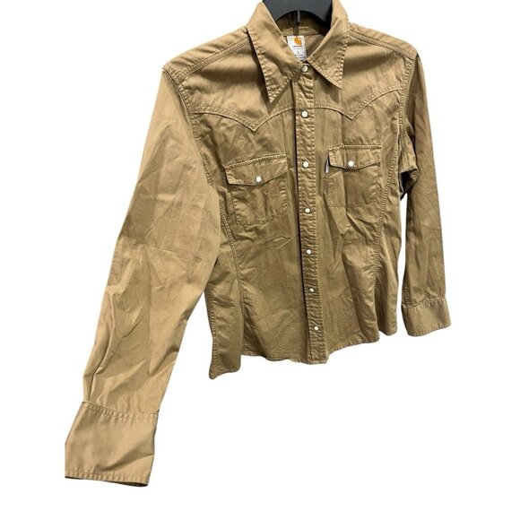 Carhartt For Women Size Large Khaki Western Shirt Pearl Snaps Workwear Casual - Picture 2 of 4